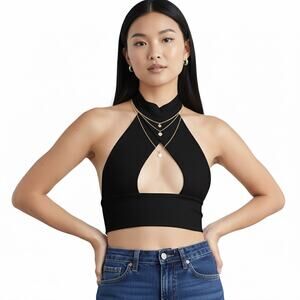 NWT Ribbed Halter Cutout Crop Top Womens L Black Cotton Going Out Clean Girl